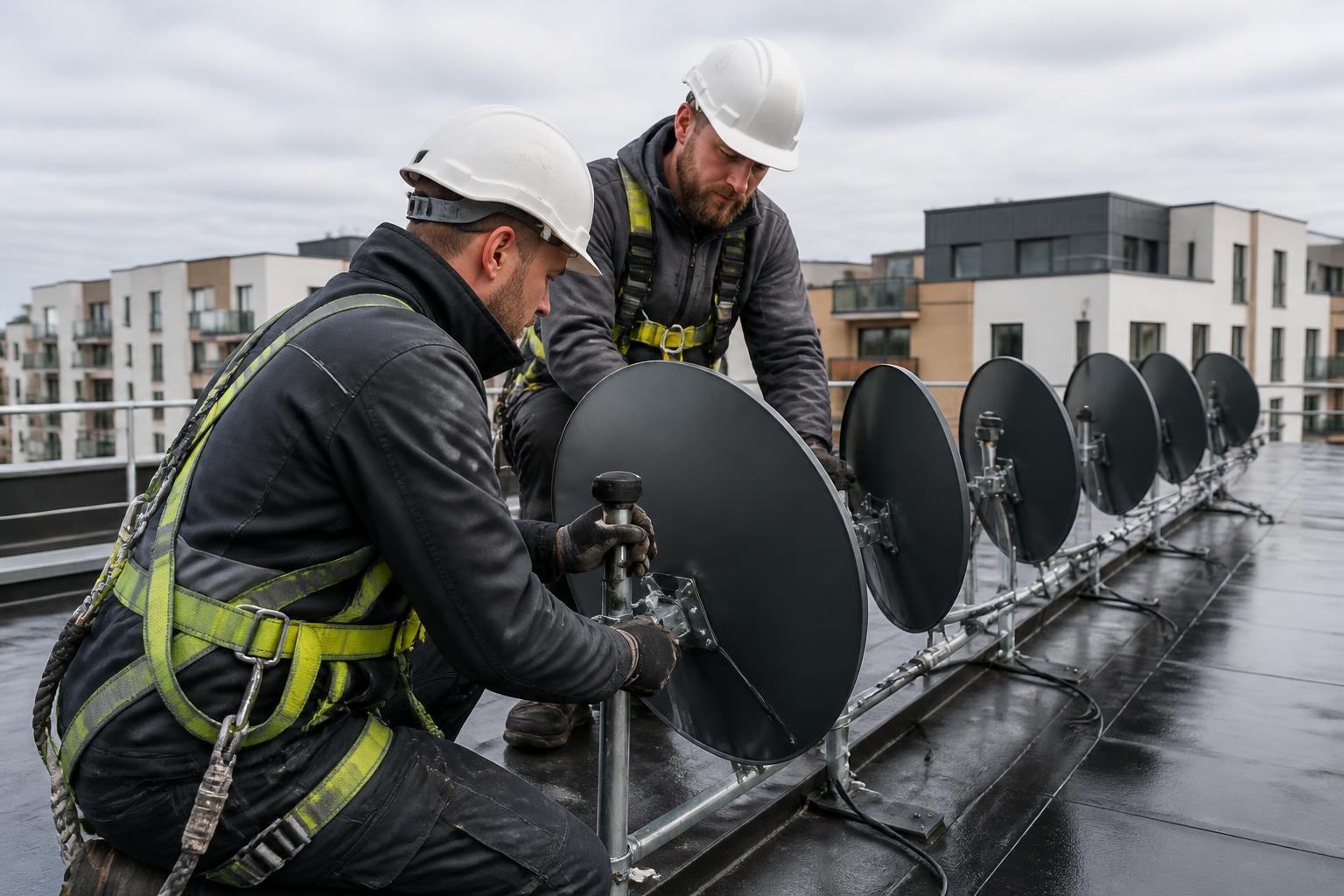 Two engineers in harnesses fitting a row of communal satellite dishes on the flat roof of a modern UK apartment block