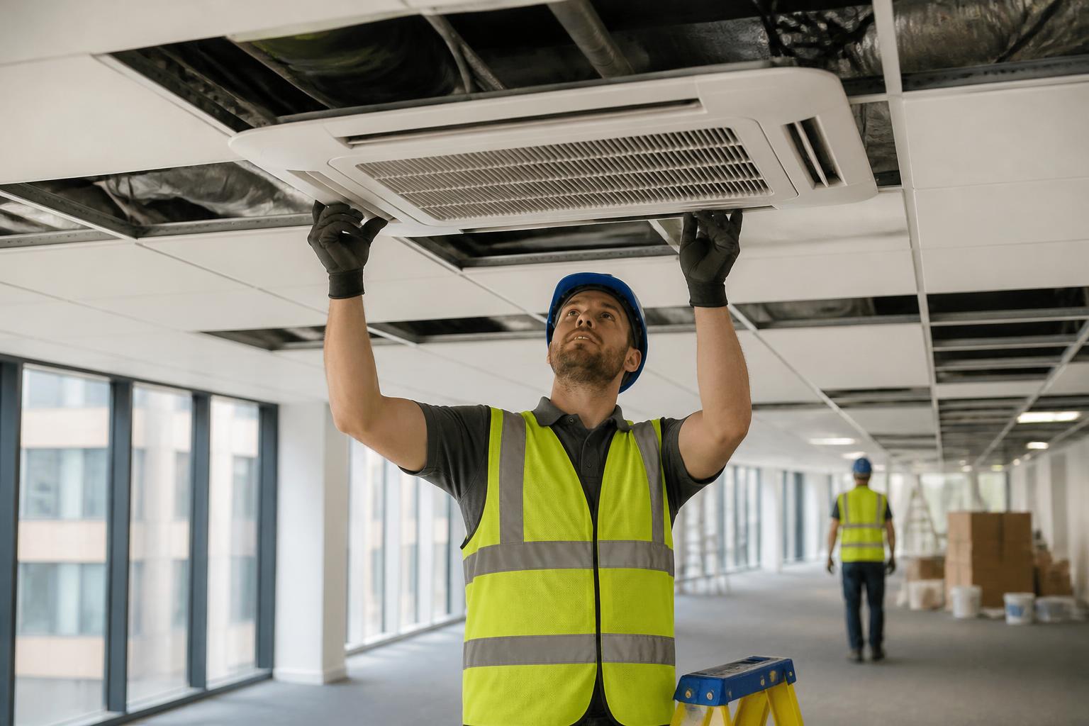 Air Conditioning Engineers Insurance 2 HVAC engineer fitting a ceiling cassette unit in a UK open plan office during a refurbishment
