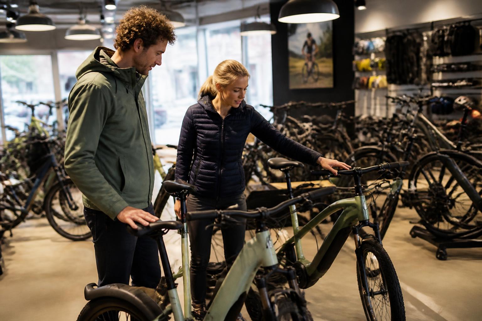 Customers browsing e-bikes and road bikes on the shop floor of a UK cycle retailer