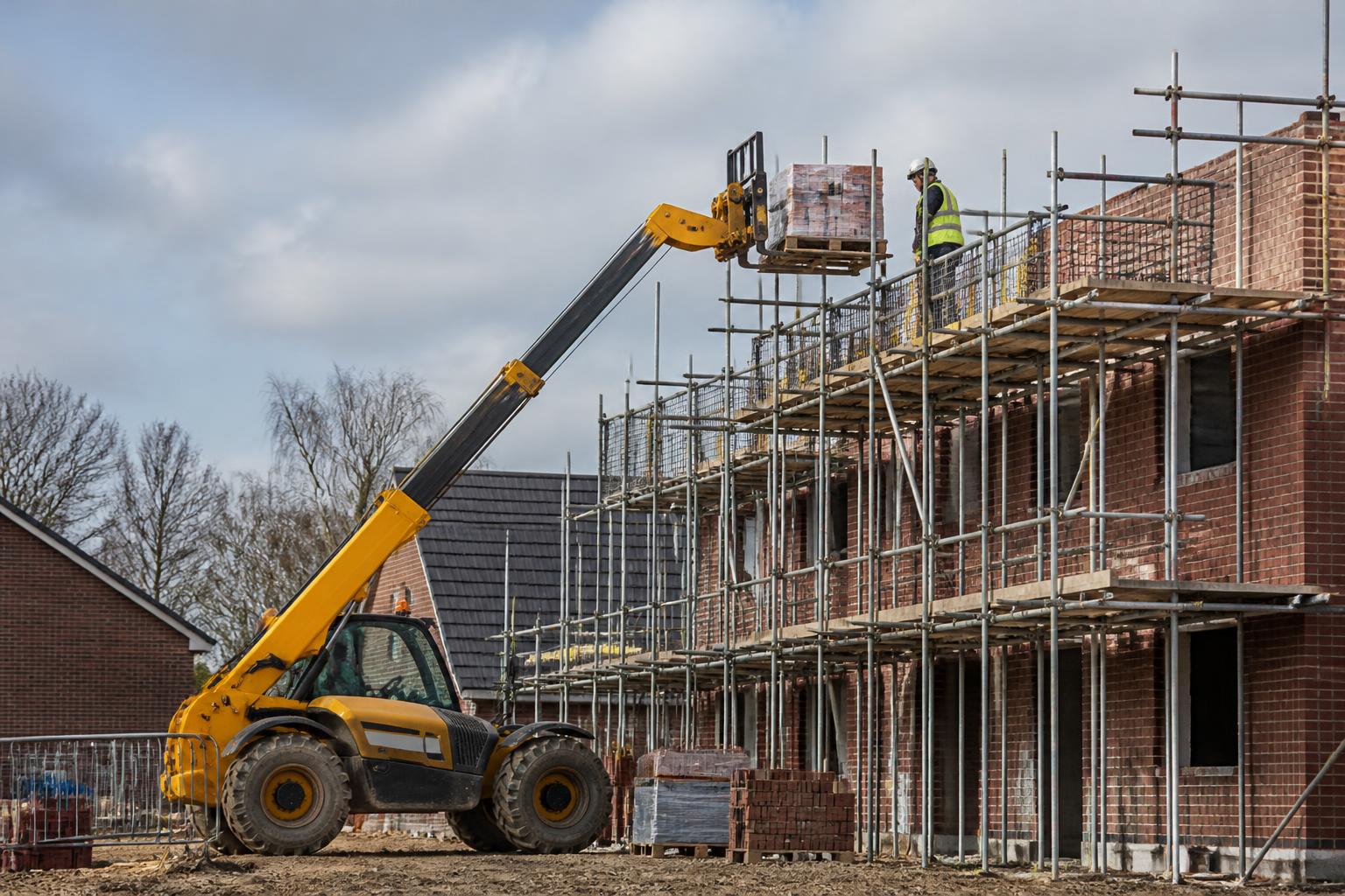 Bricklayers Insurance 2 Telehandler lifting packs of bricks onto a scaffold beside part-built houses
