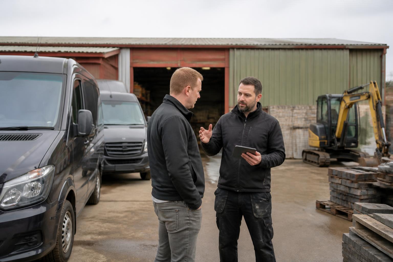 Builders Insurance 2 Building firm's yard with liveried vans, stacked materials and a small excavator