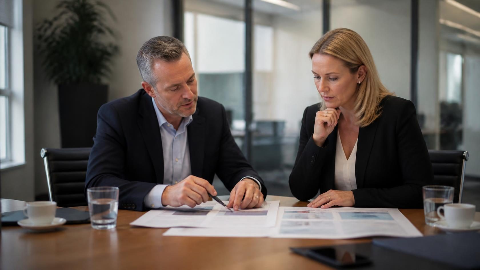 Home 4 Managing director and finance director reviewing figures in an office above a factory floor