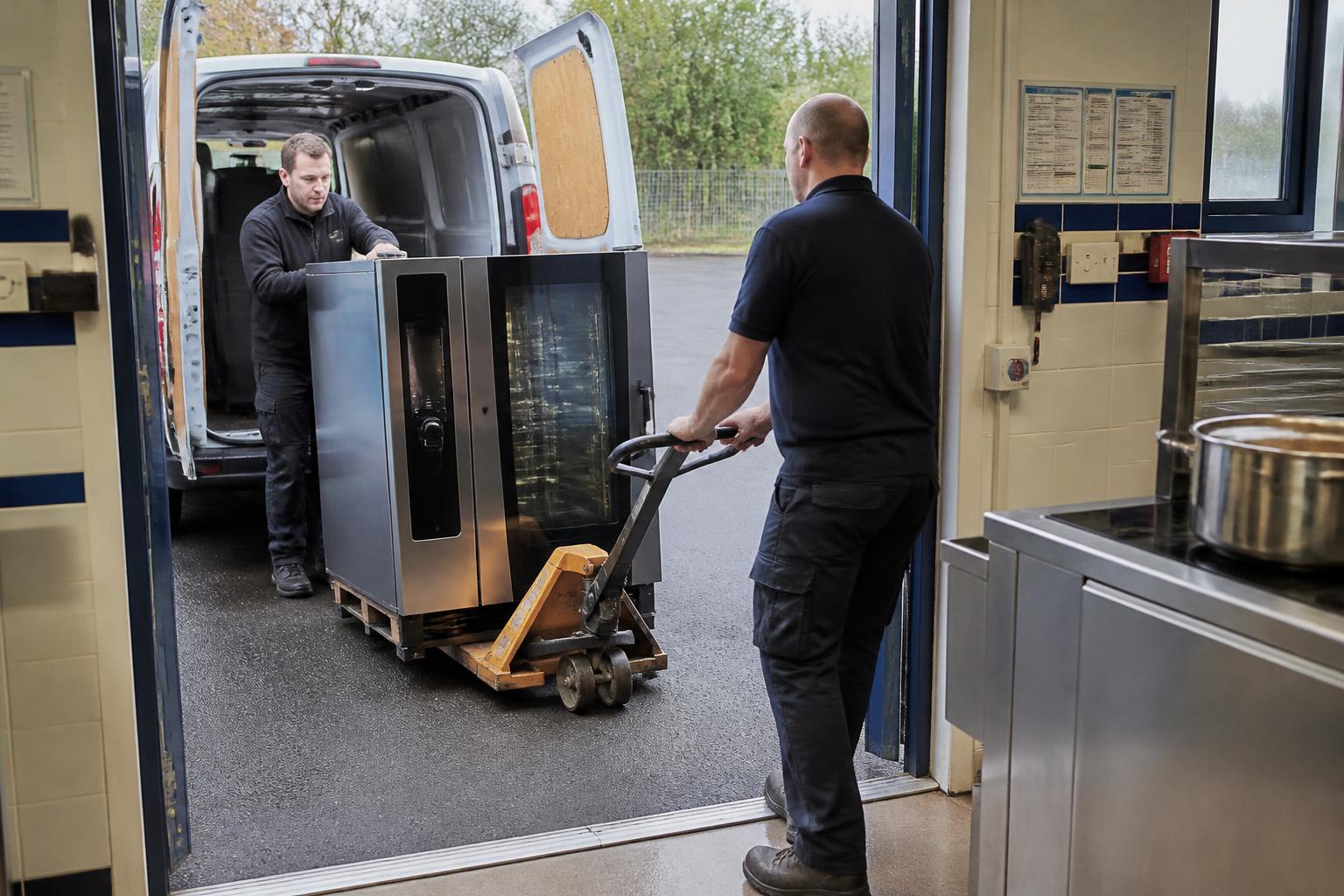 Catering Equipment Engineers Insurance 2 Two engineers wheeling a new combi oven on a pallet truck into a UK school kitchen from a liveried service van at the back door