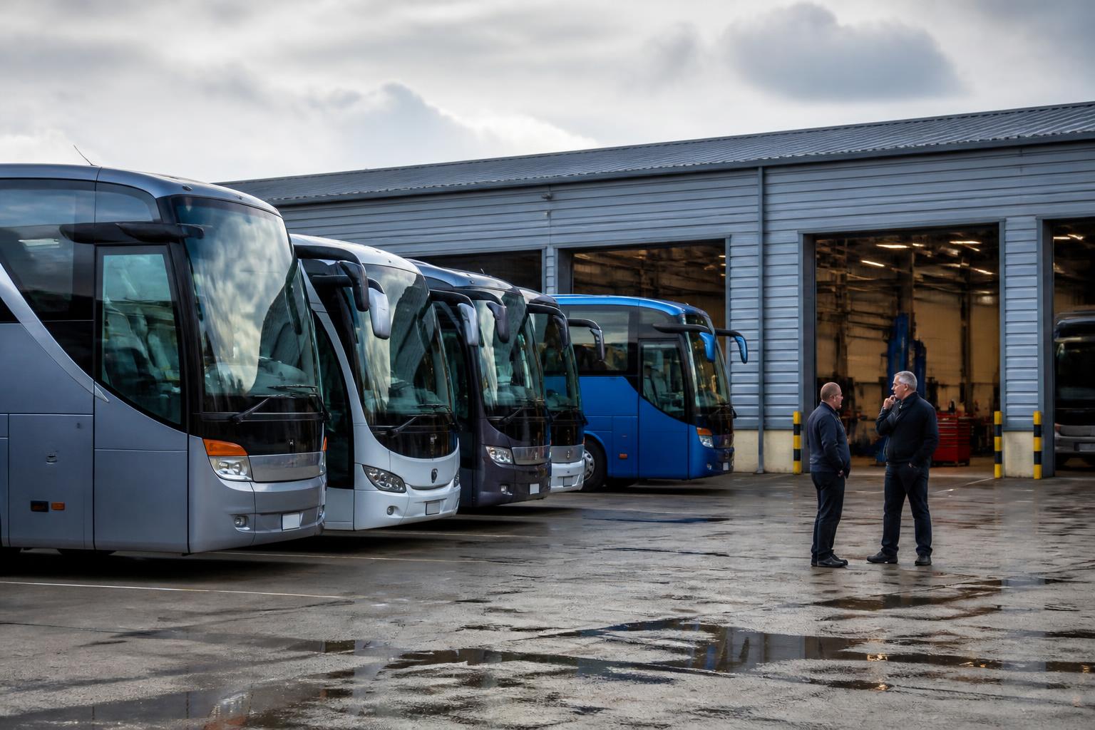 Coach Fleet Insurance 2 Several touring coaches parked in a UK operator's depot yard with a maintenance bay behind