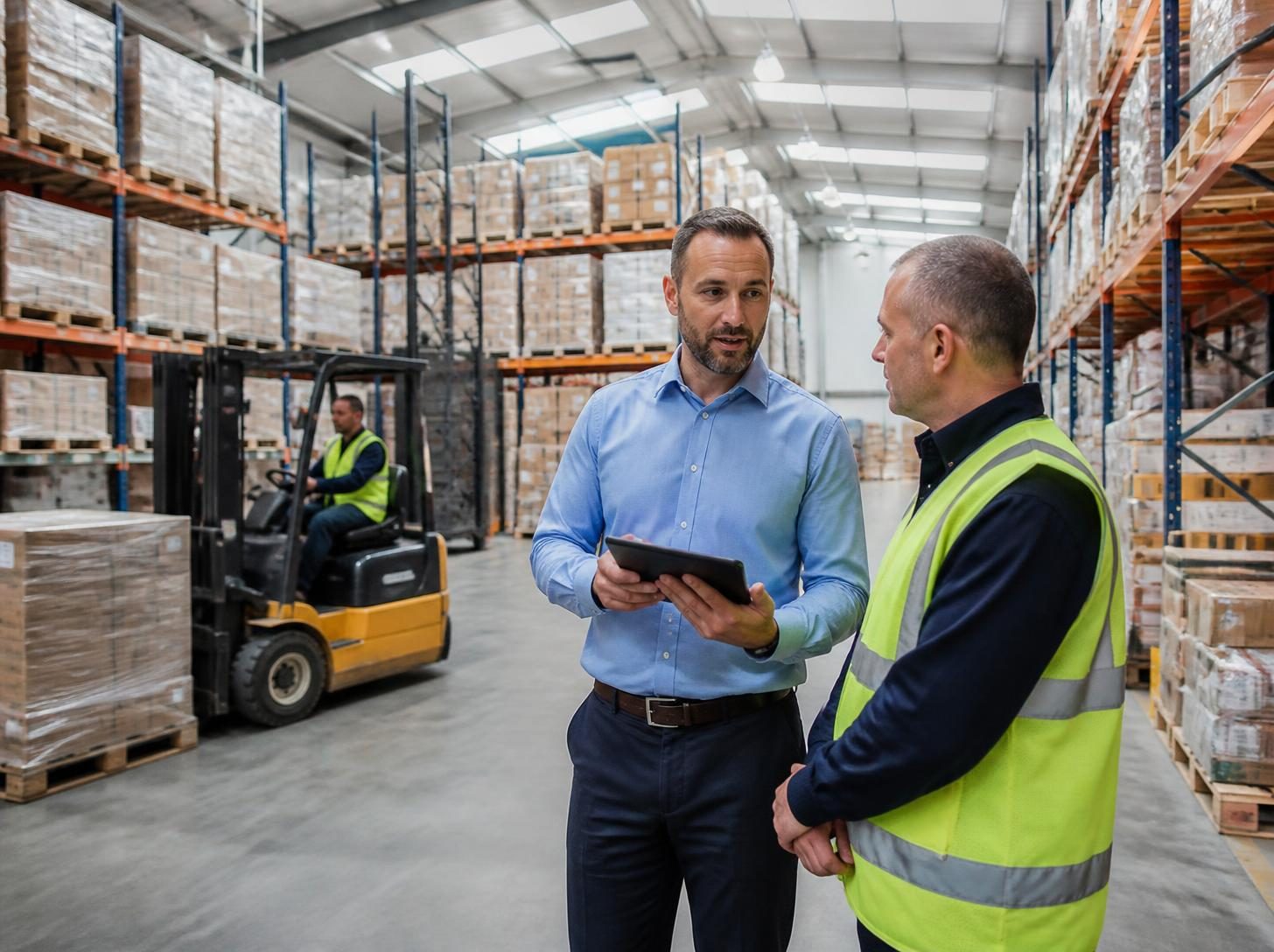 Operations manager and colleague in a stocked UK wholesale warehouse
