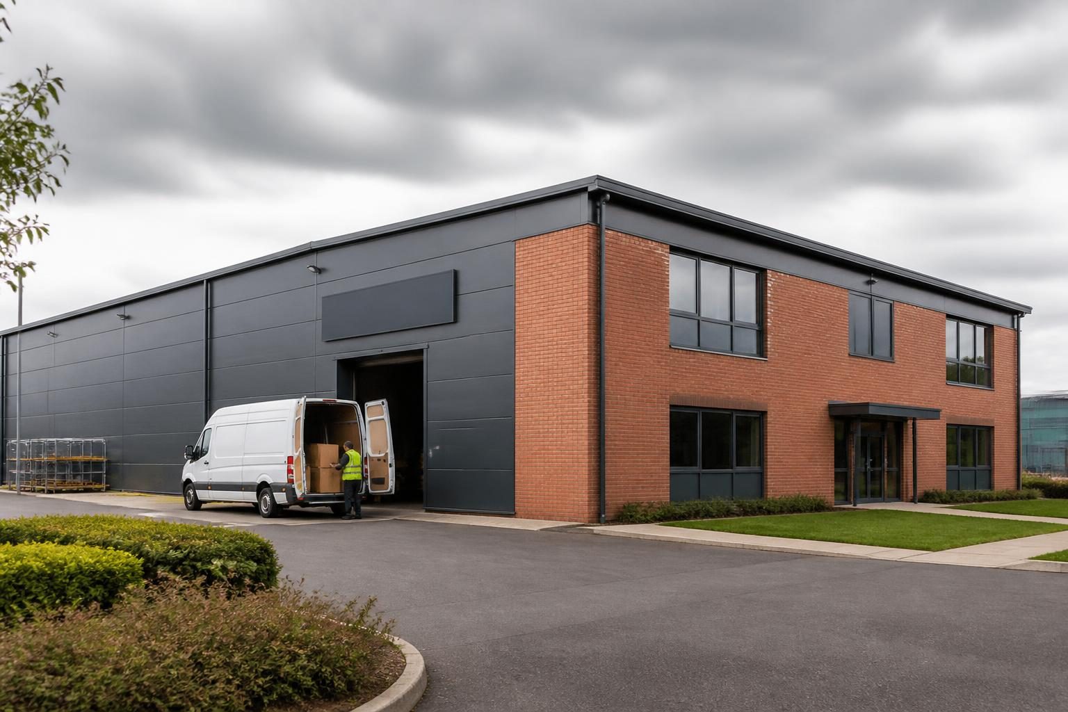 Brick and steel UK manufacturing unit with a van being loaded outside