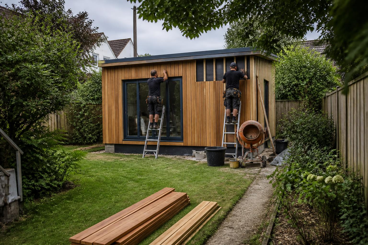 Conservatory Installers Insurance 2 Two installers fixing cedar cladding to a timber garden office at the end of a long UK suburban garden, panels stacked on the grass and a cement mixer by the base