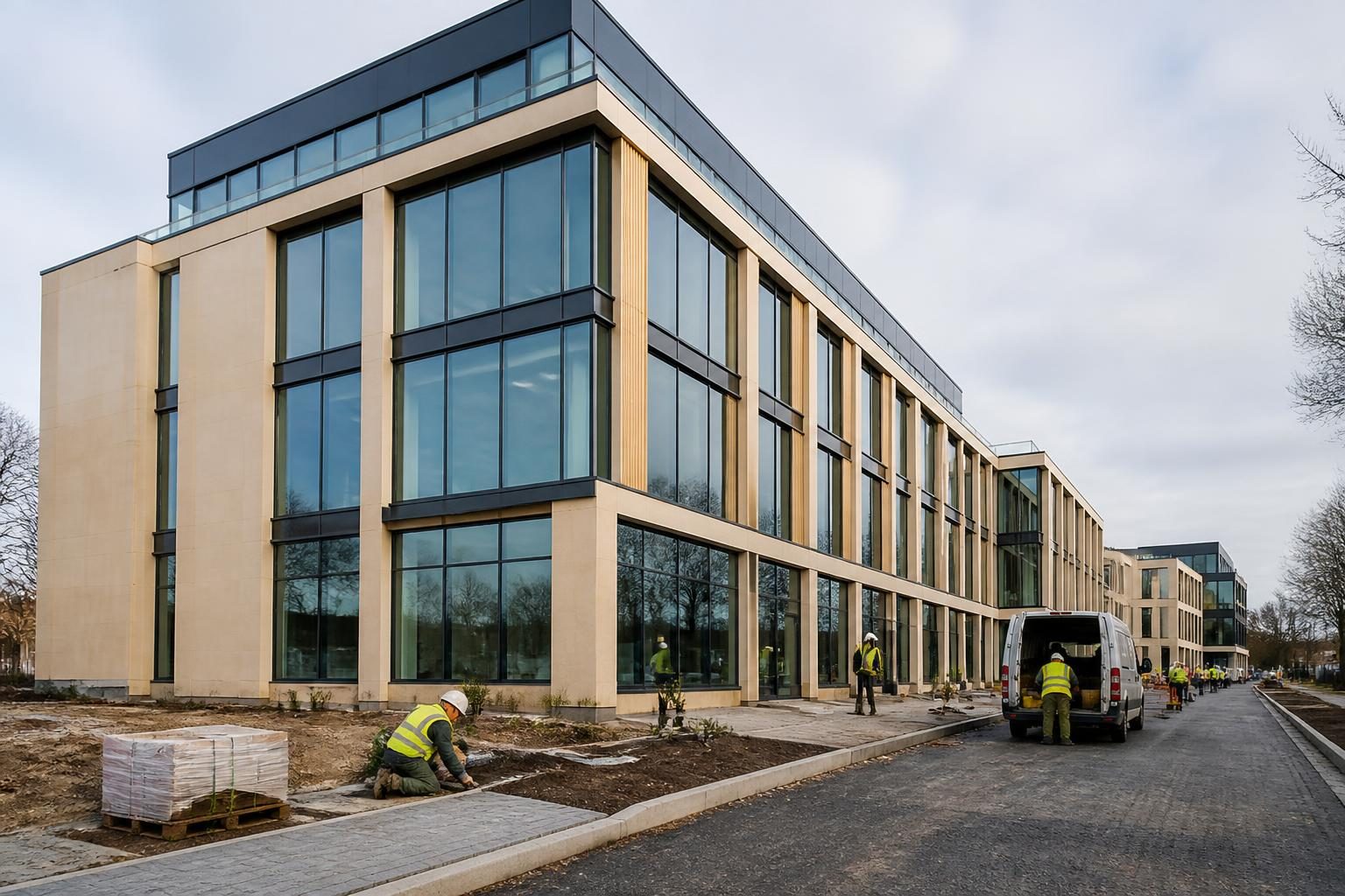 A commercial building project nearing completion with contractors at work