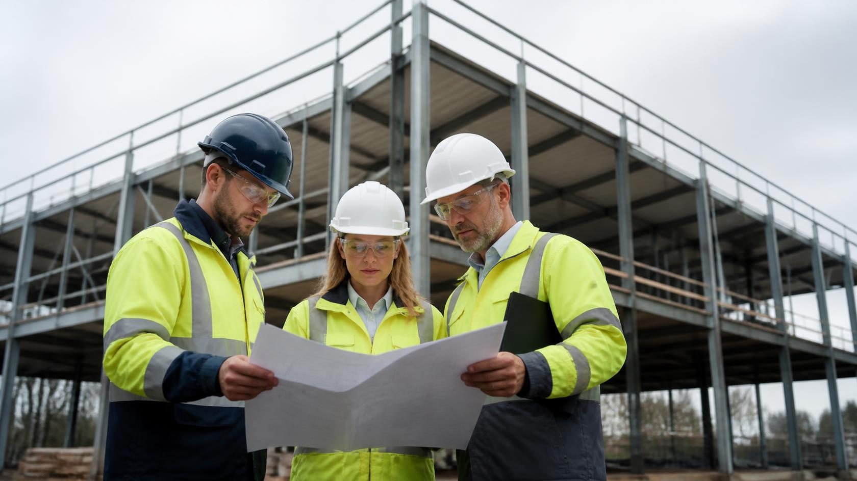 Home 6 Site managers in hard hats checking plans on a UK construction site