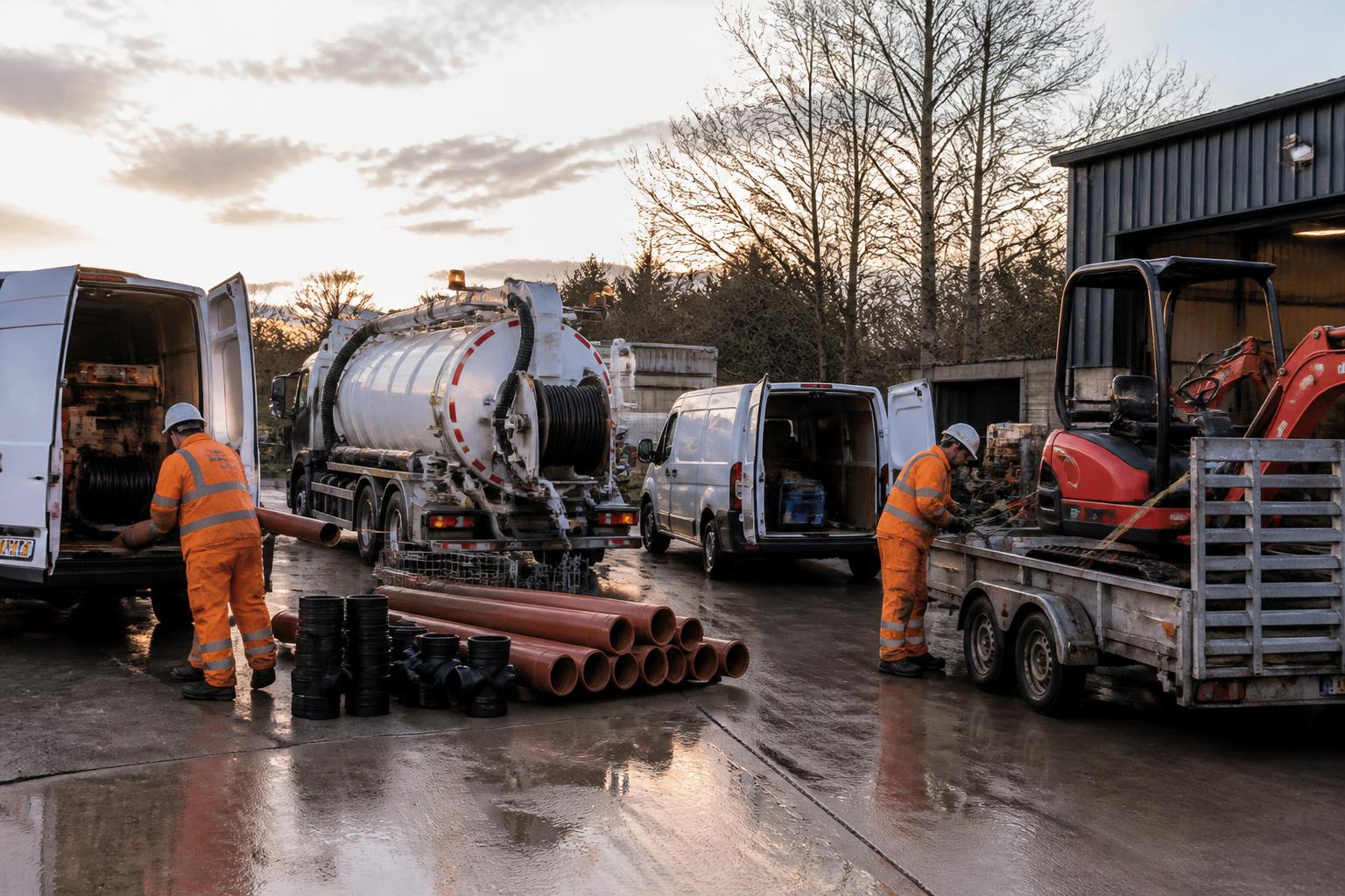 Drainage Contractors Insurance 2 Drainage firm's yard at first light with unbranded jetting vans, a vacuum tanker and a mini digger on a trailer, crew loading pipe and fittings