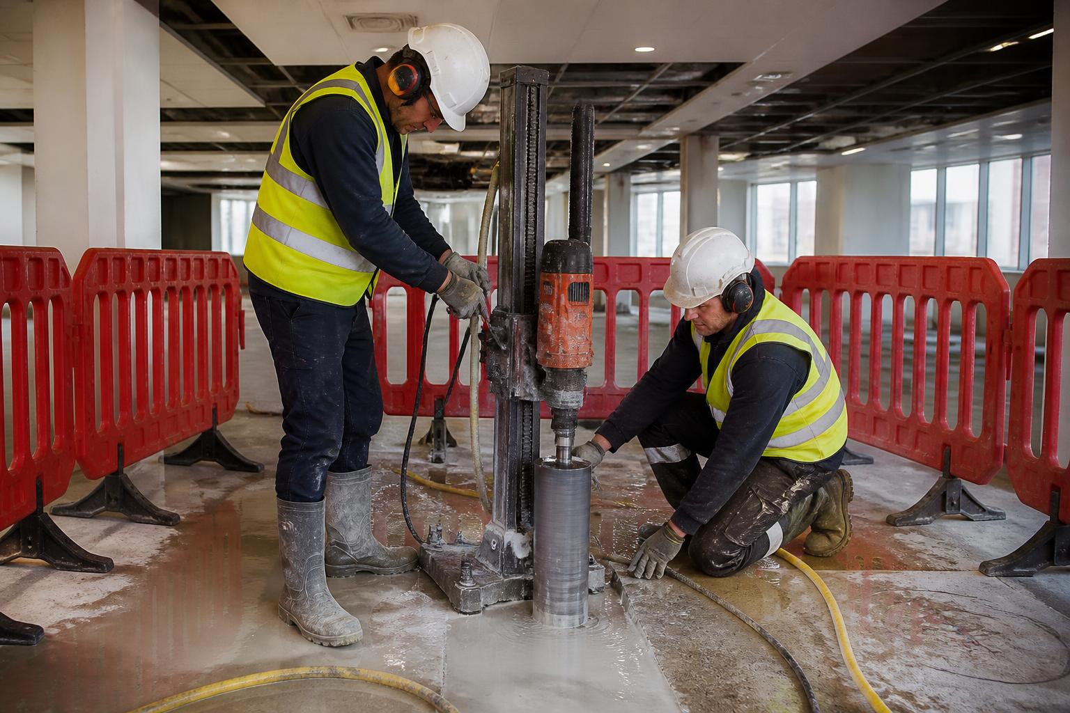 Drilling Contractors Insurance 2 Two operatives diamond core drilling through a concrete floor slab during a UK office refurbishment, water suppression running and barriers set around them