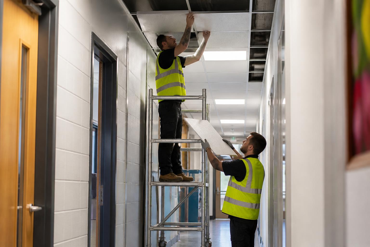 Dry Lining Insurance 2 Ceiling fixer on a mobile tower clipping tiles into a suspended grid in a UK school corridor, with a second fixer passing tiles up from below