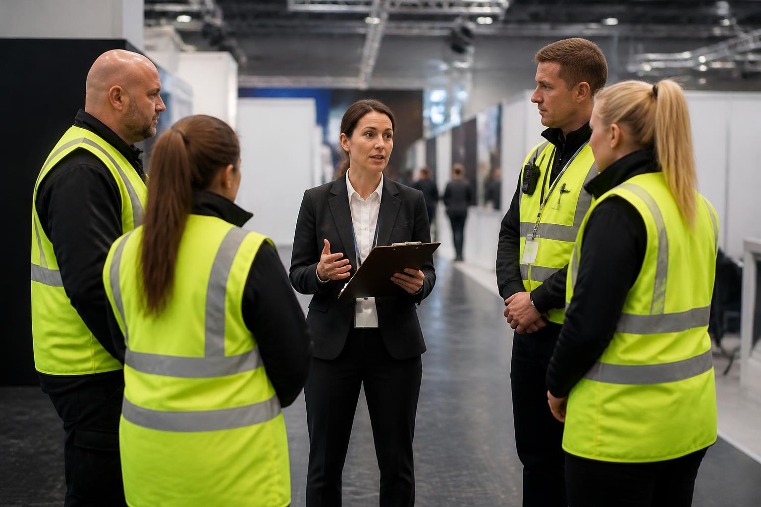 Event and Contingency Insurance 2 Event organiser with a clipboard briefing stewards inside a UK conference and exhibition hall