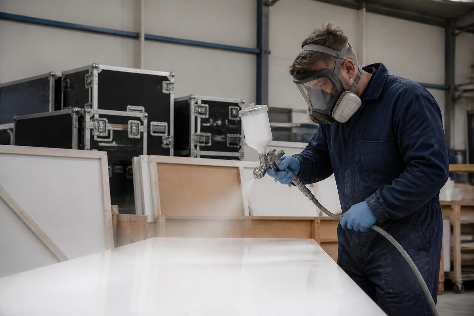 Joiner spraying white finish onto stand panels in an exhibition contractor's workshop, crated graphics and flight cases stacked behind