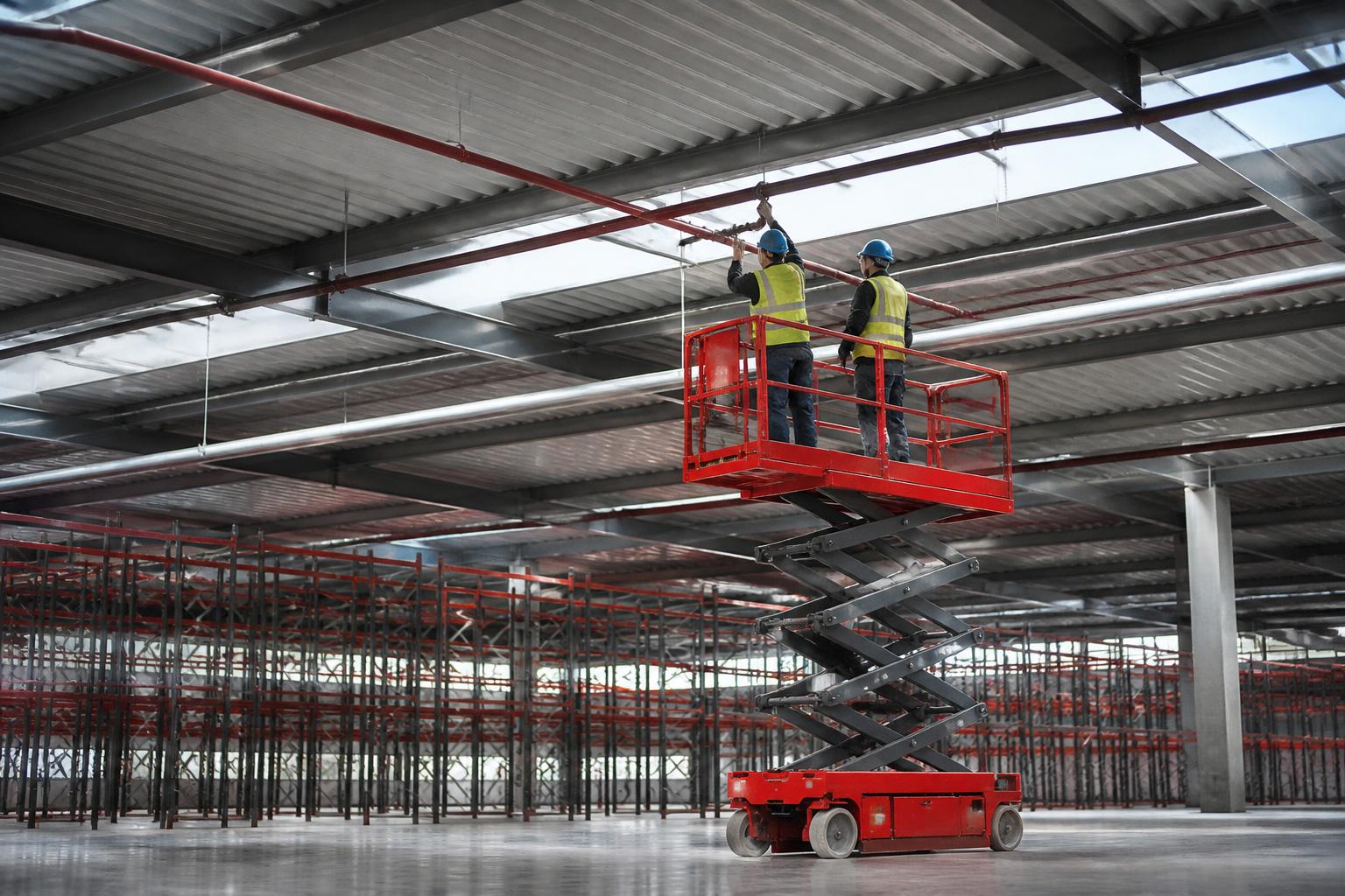 Fire Protection Engineers Insurance 2 Sprinkler fitters on a scissor lift installing red sprinkler pipework below the roof of a large UK distribution warehouse