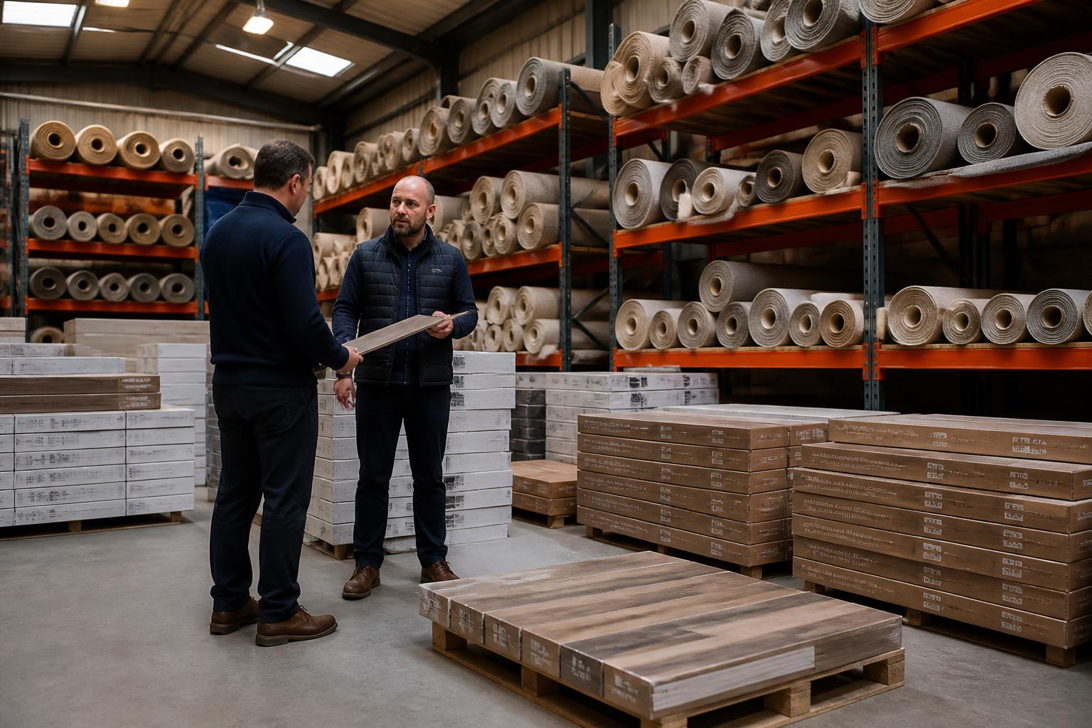 Flooring Contractors Insurance 2 Rolls of carpet and boxed LVT stacked on racking in a UK flooring contractor's warehouse