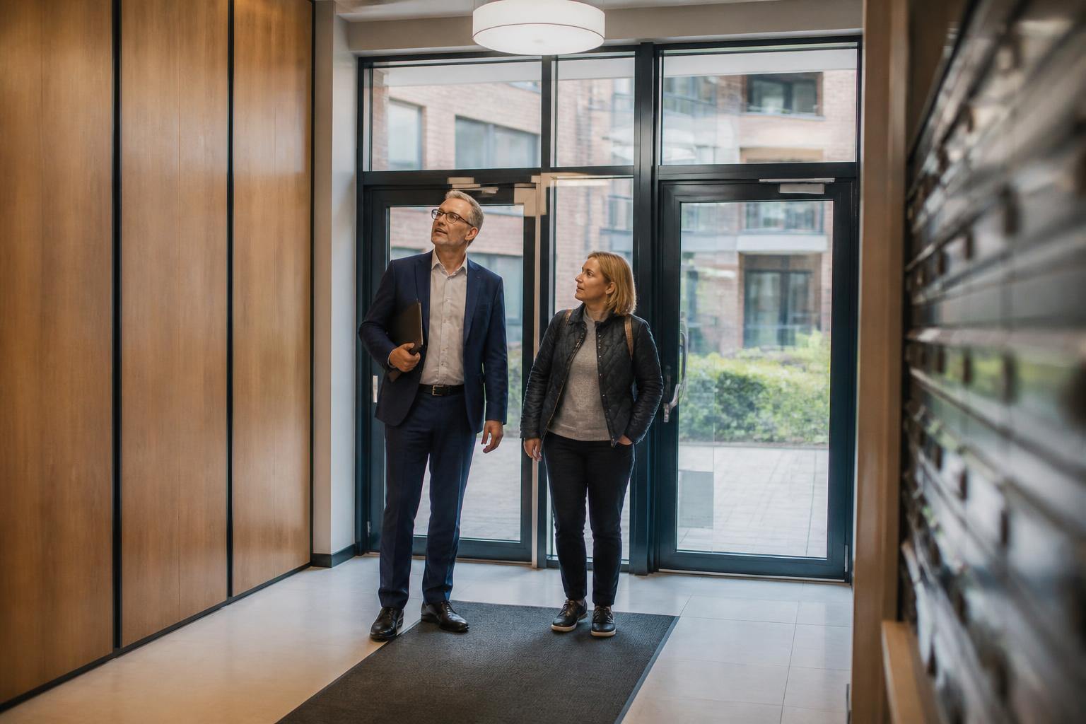 Managing agent and residents' company director checking the entrance hall of a UK block of flats