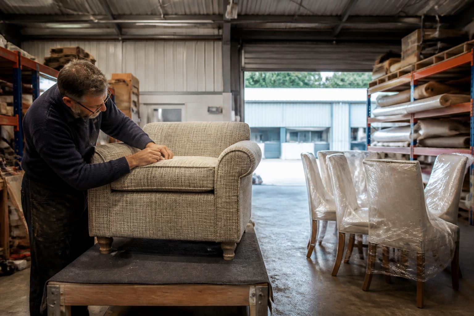 Furniture Fitters Insurance 2 Furniture repair workshop in a UK trading estate unit, an upholsterer working on a customer's armchair beside wrapped dining chairs waiting for collection
