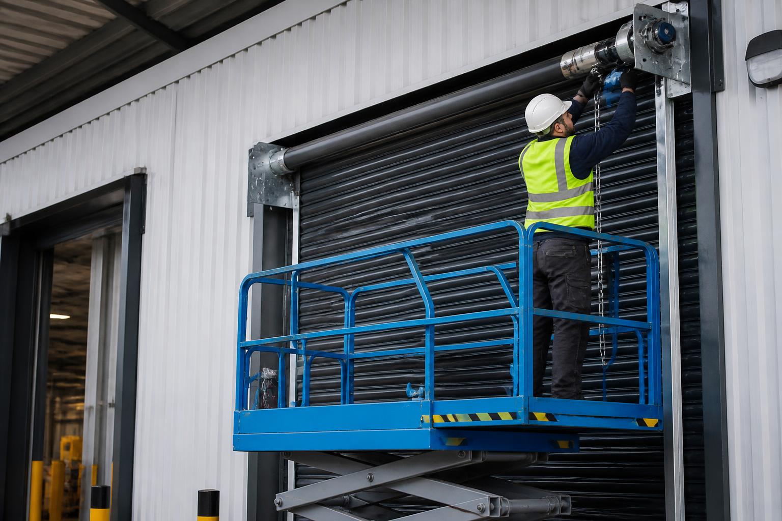 Service engineer on a scissor lift adjusting the motor of a large roller shutter door at a UK distribution warehouse loading bay