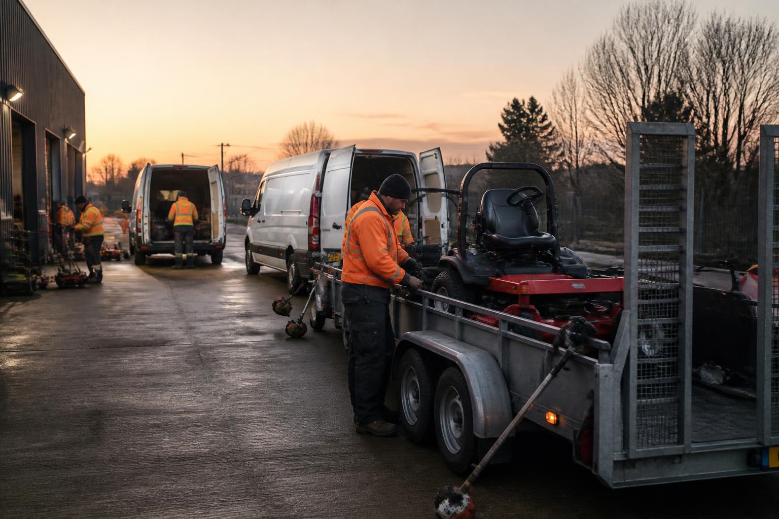 Grounds Maintenance Insurance 2 Grounds maintenance depot at dawn with crews loading ride-on mowers and strimmers onto trailers behind unbranded vans