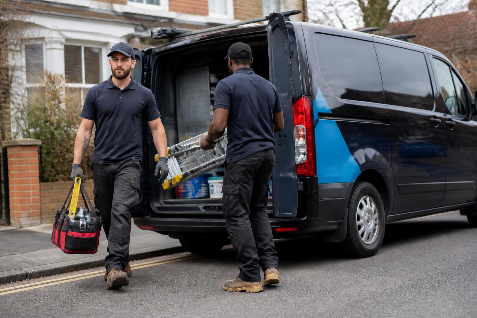 Two handyman operatives unloading tools and ladders from a branded van in a UK street