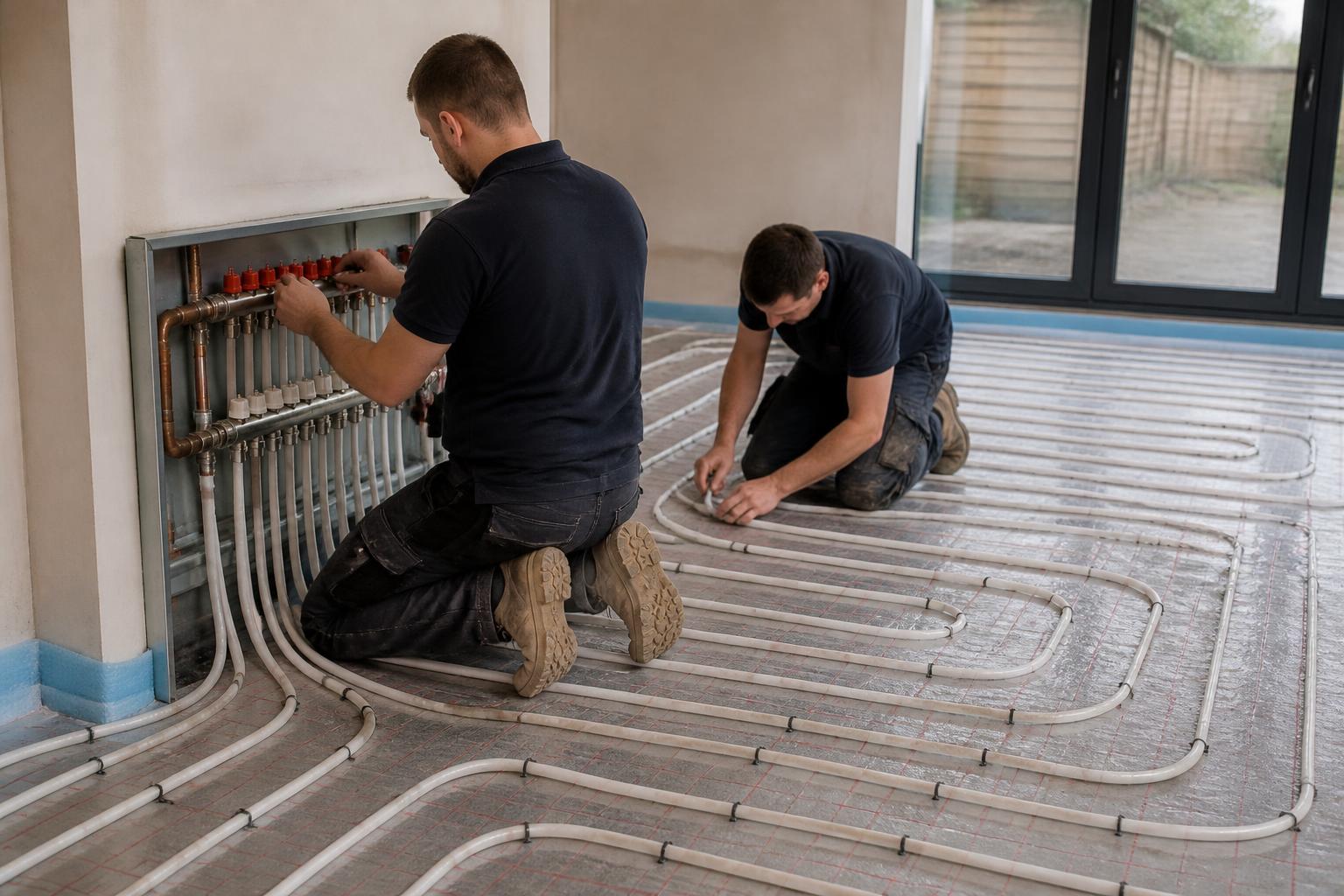 Heating Engineers Insurance 2 Two heating engineers fitting an underfloor heating manifold in a newly screeded UK extension, with pipe loops laid out across the floor