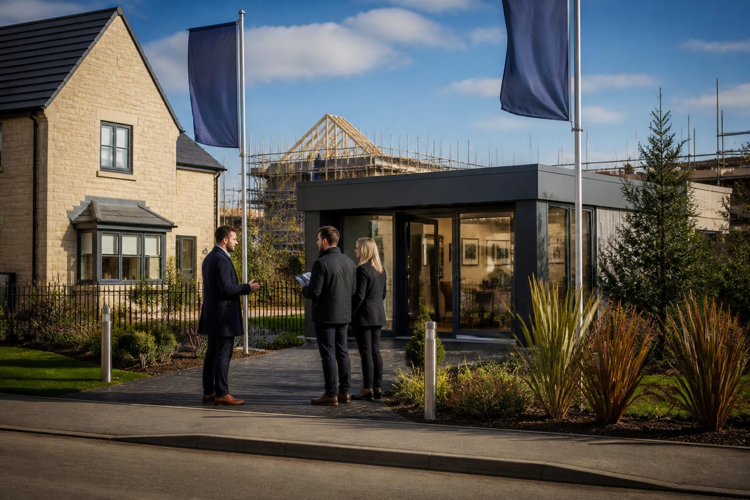 Furnished show home with a sales cabin and flags at the entrance to a UK housing development, with plots under construction behind