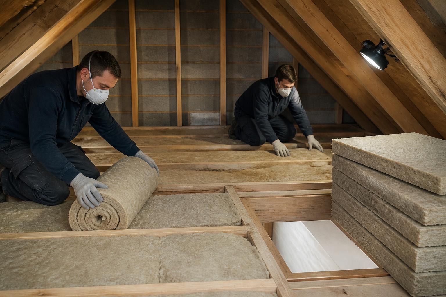 Insulation Installers Insurance 2 Two insulation installers in masks rolling mineral wool between the joists of a UK loft, with boards stacked by the hatch and a work lamp clipped to a rafter
