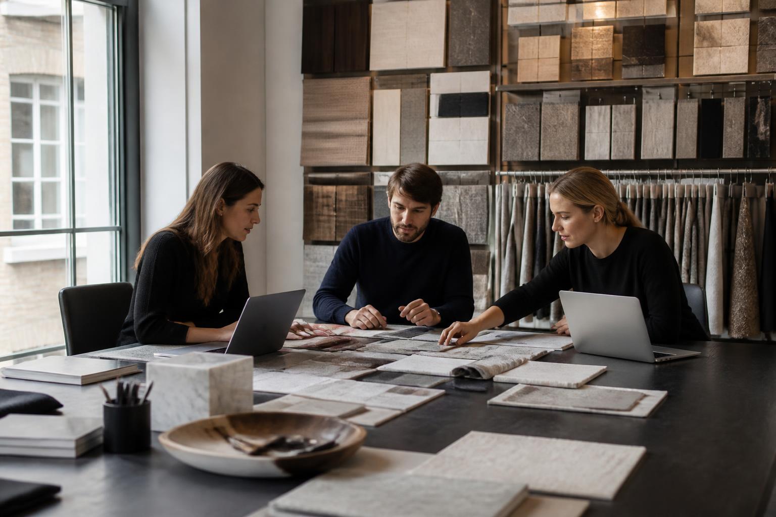 Interior Designers Insurance 2 UK interior design studio with a large sample wall of tiles and fabrics, three designers at a long table with laptops and mood boards