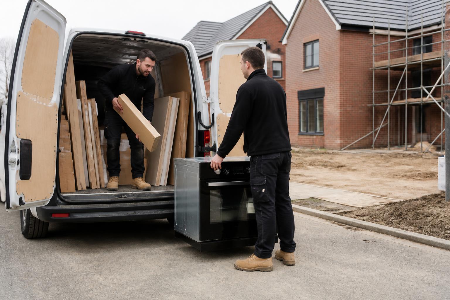 Kitchen Fitters Insurance 2 Kitchen installation team unloading flat-packed units and an integrated oven from a white van on a UK new-build housing estate, plots and scaffolding behind