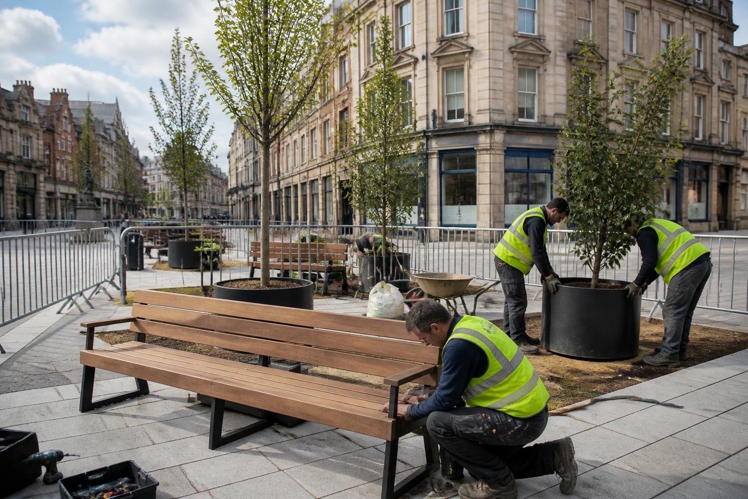 Landscapers Insurance 2 Commercial landscapers planting semi-mature trees and fixing timber benches in a newly paved UK town centre square, barriers around the work area
