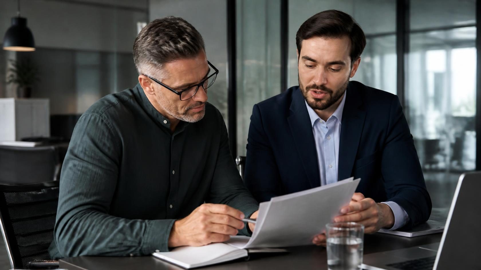 Home 3 Two directors reviewing liability insurance documents at an office desk