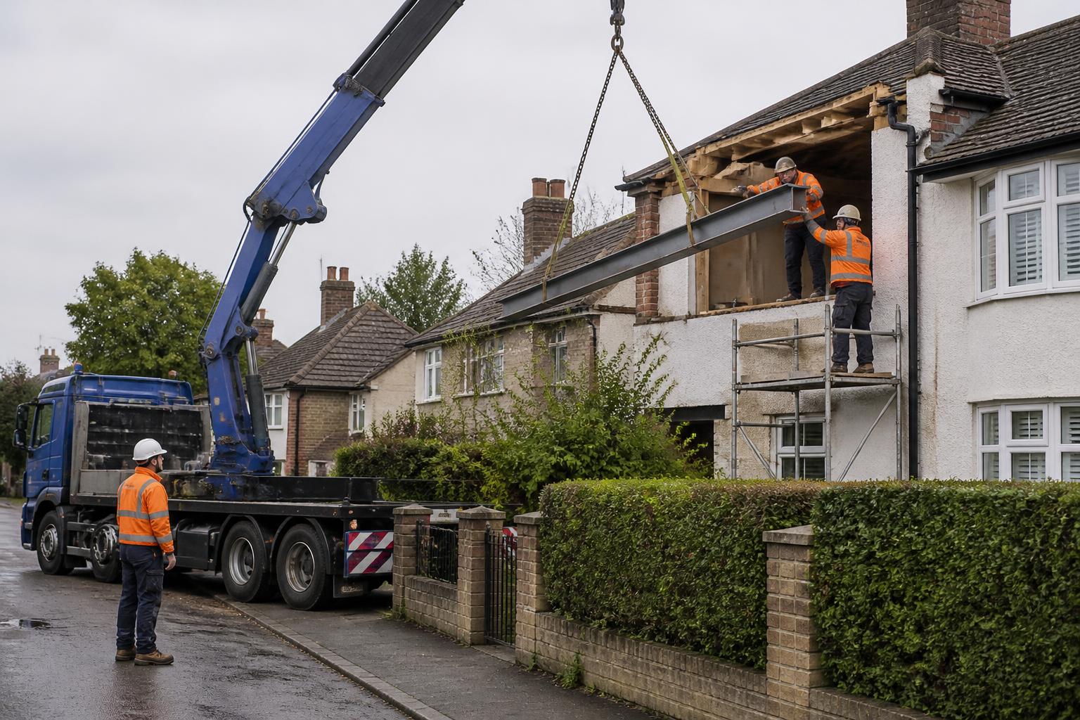 Loft Conversion Insurance 2 Two carpenters guiding a steel beam through an opened roof into a loft on a UK suburban semi-detached house, with a lorry-mounted crane parked on the street
