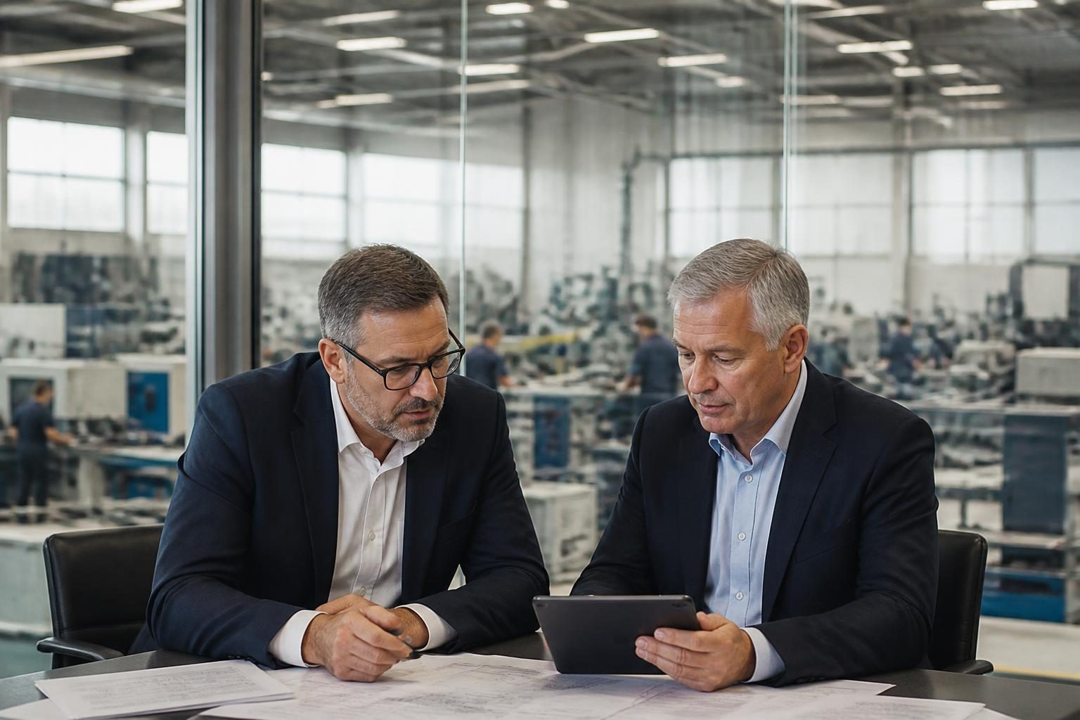 Home 4 Managing director and finance director reviewing figures in an office above a factory floor