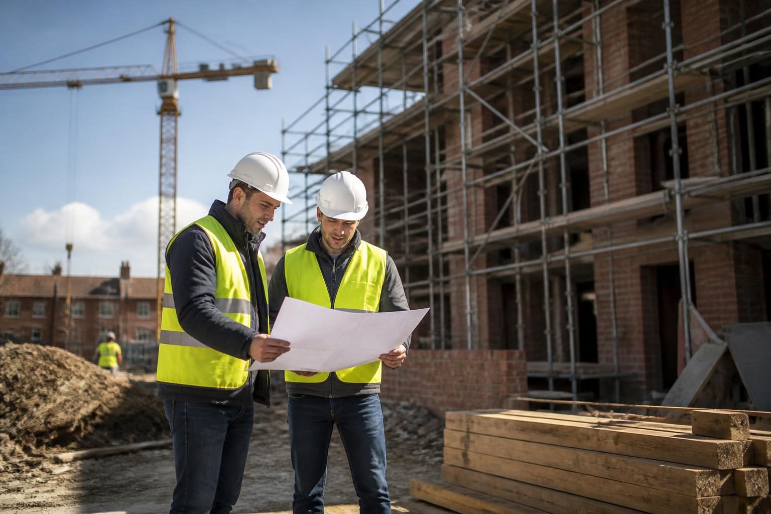 Home 6 Site managers in hard hats checking plans on a UK construction site