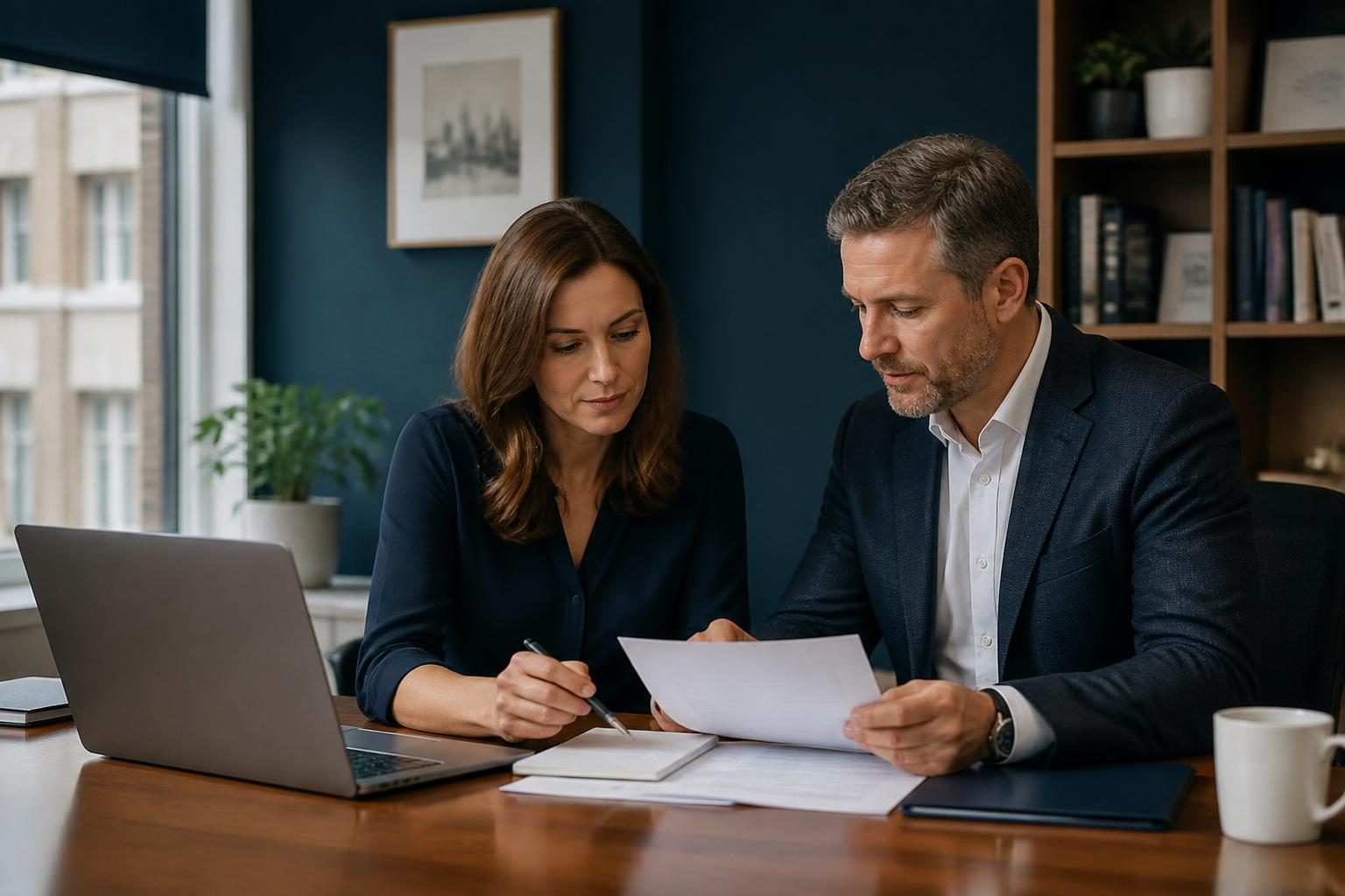 Home 3 Two directors reviewing liability insurance documents at an office desk