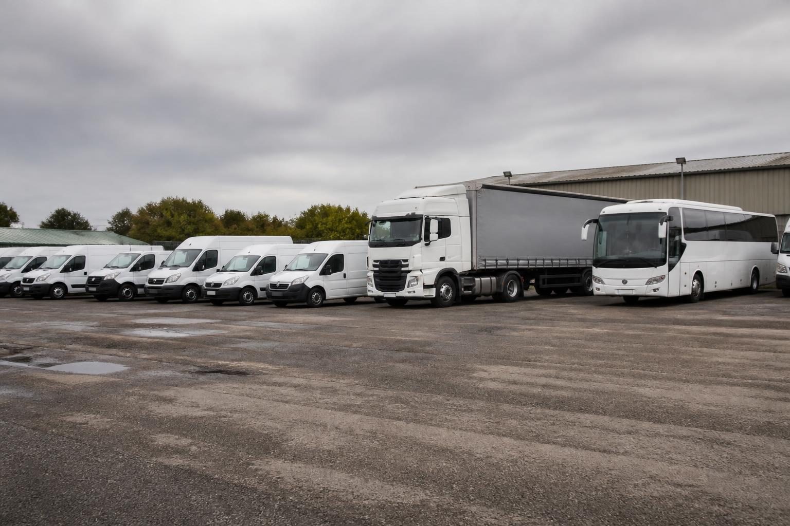 Home 7 UK fleet depot with vans, a curtain-sided lorry and a coach