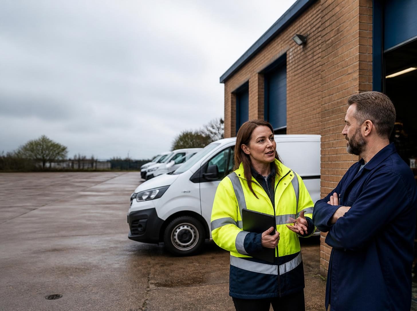 Home 1 Fleet manager in hi-vis talking with a company director beside commercial vans at a UK depot