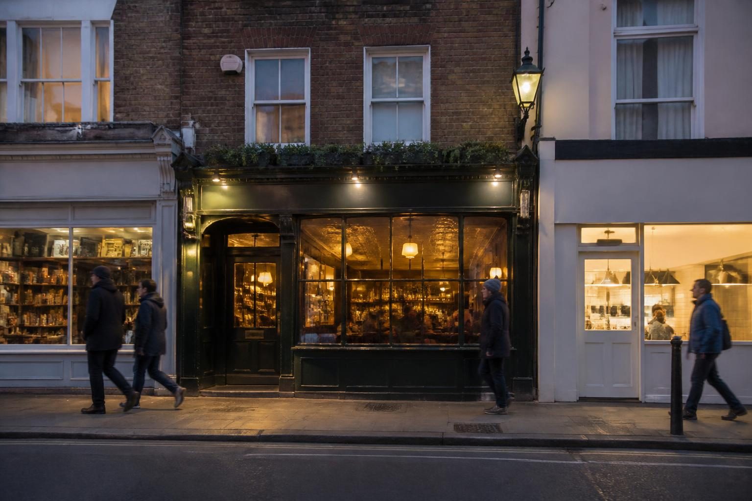 Home 8 British high street pub and independent shop in the early evening