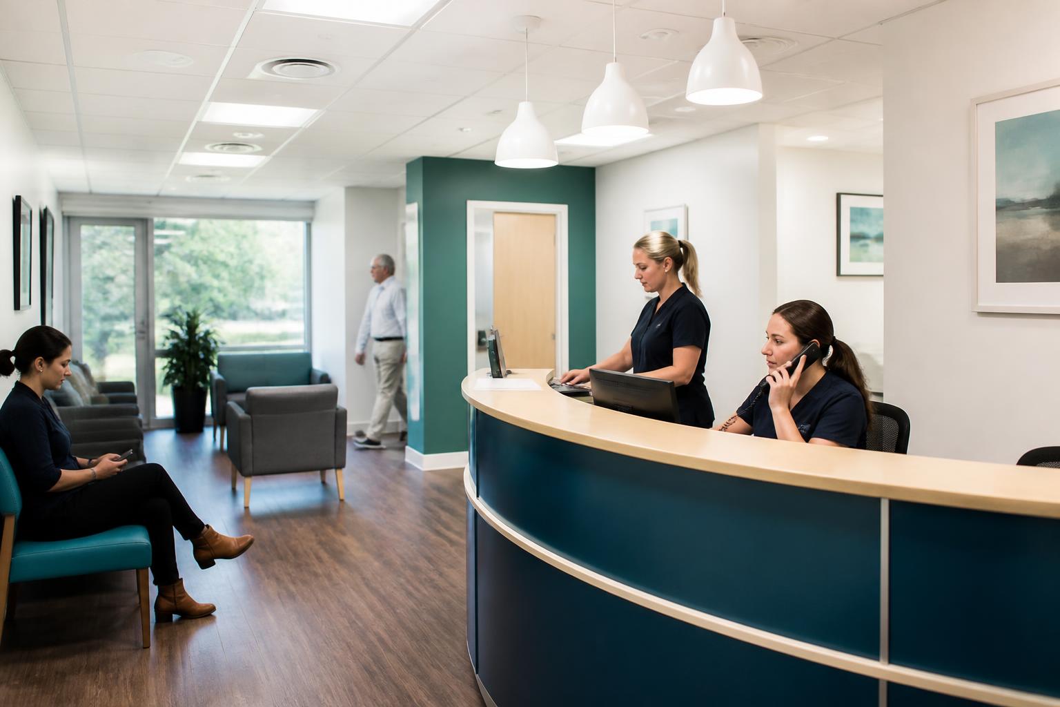 Medical Malpractice Insurance 2 Reception and waiting area of a UK multi-practitioner health clinic with staff at the desk