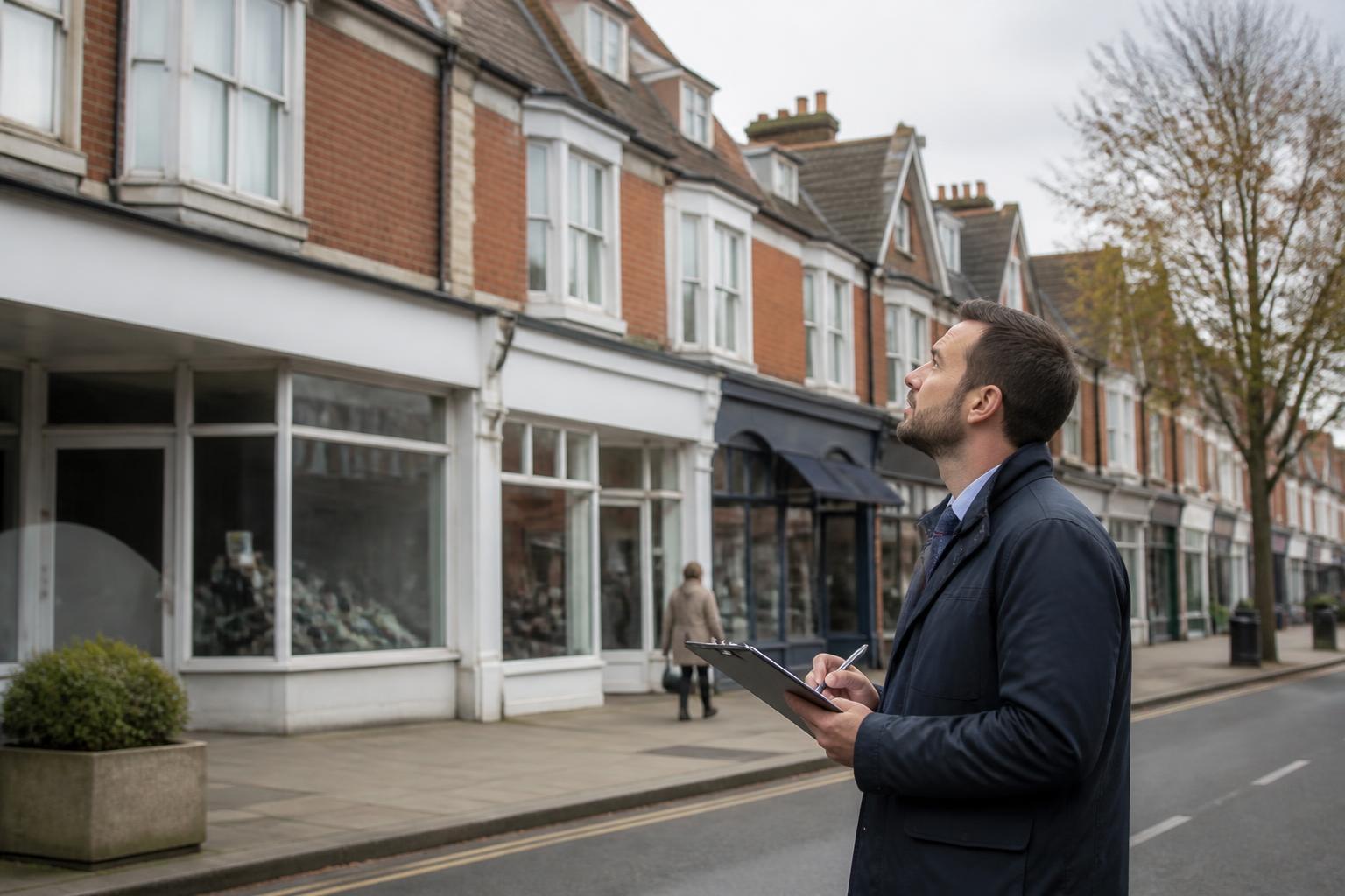 Mixed Use Property Insurance 2 Property manager outside a parade of shops with maisonettes above in a UK town