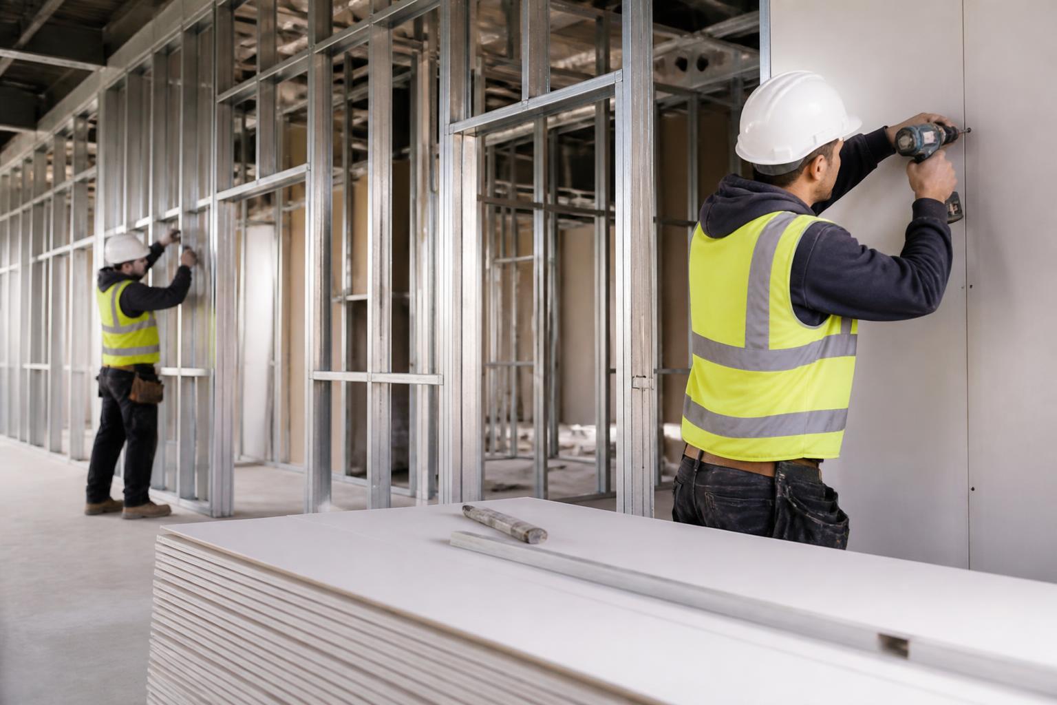 Drylining team fixing metal stud partitions with stacked plasterboard on a commercial site