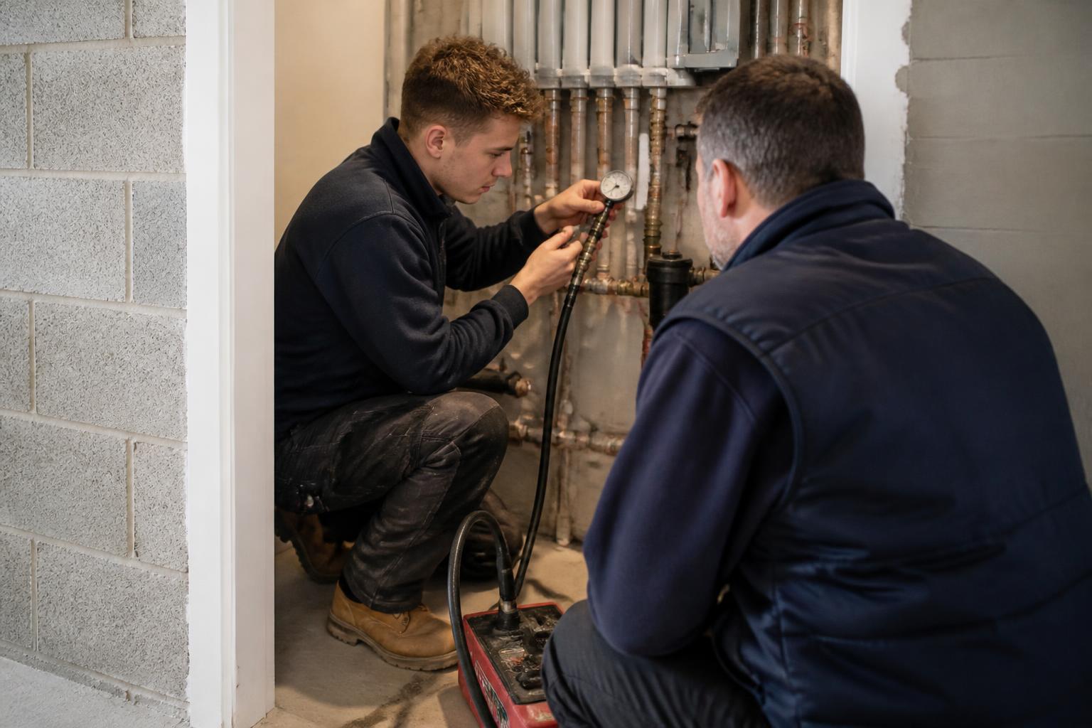 Plumbers Insurance 2 Plumbing apprentice and supervisor pressure testing new pipework in a plant cupboard at a UK block of flats under construction