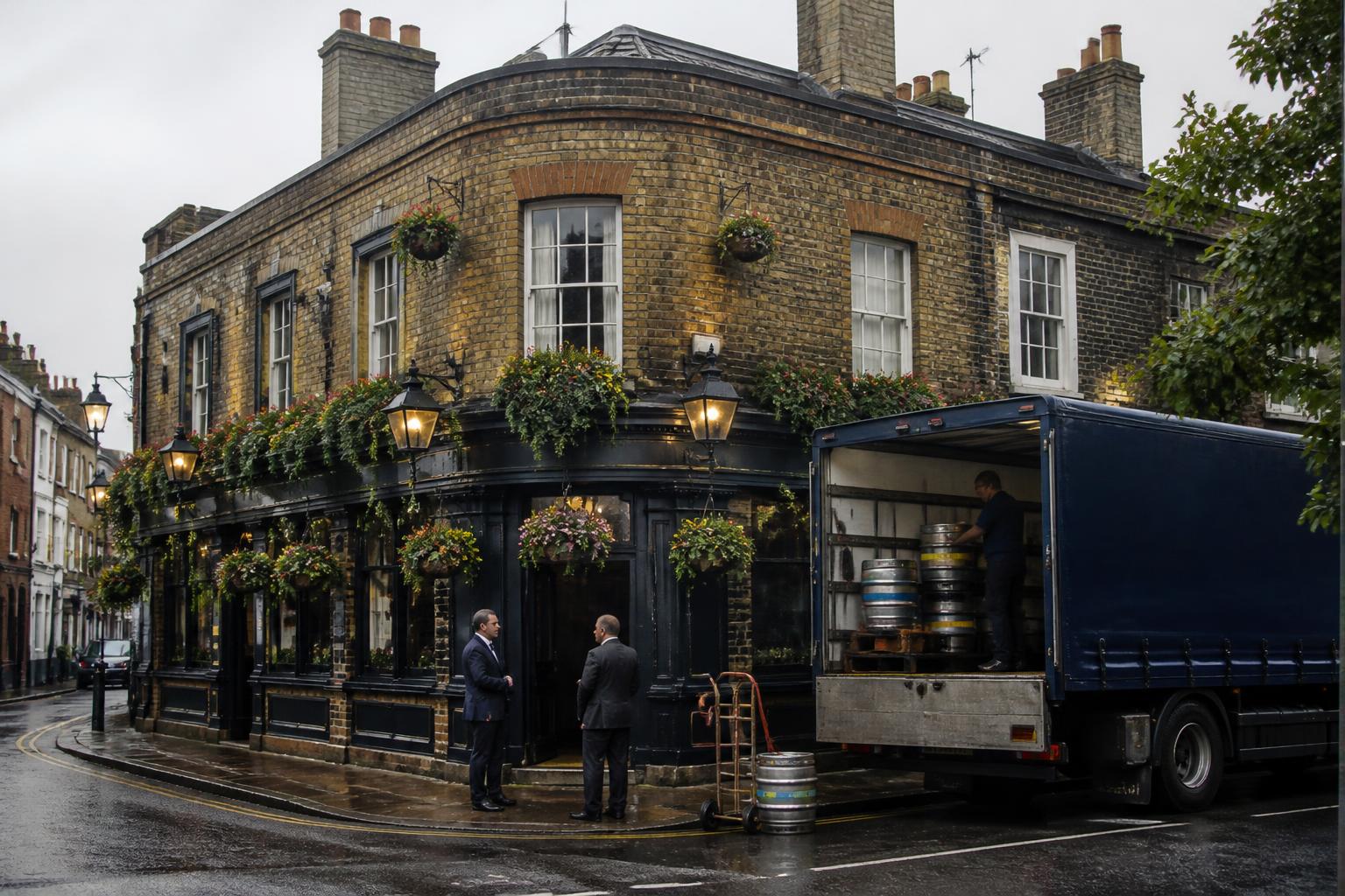 Pub Insurance 2 Brick-built UK corner pub with hanging baskets and a delivery dray parked outside