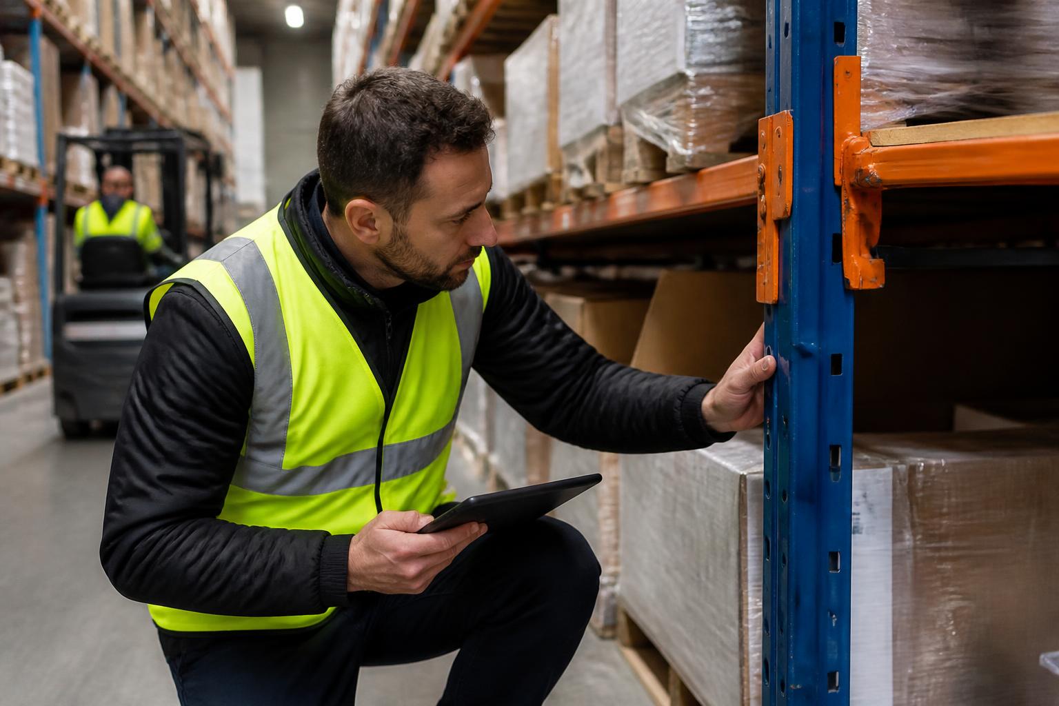 Racking Installers Insurance 2 Racking inspector in hi-vis checking a dented upright beside a forklift aisle in a busy UK warehouse, stock on the shelves above