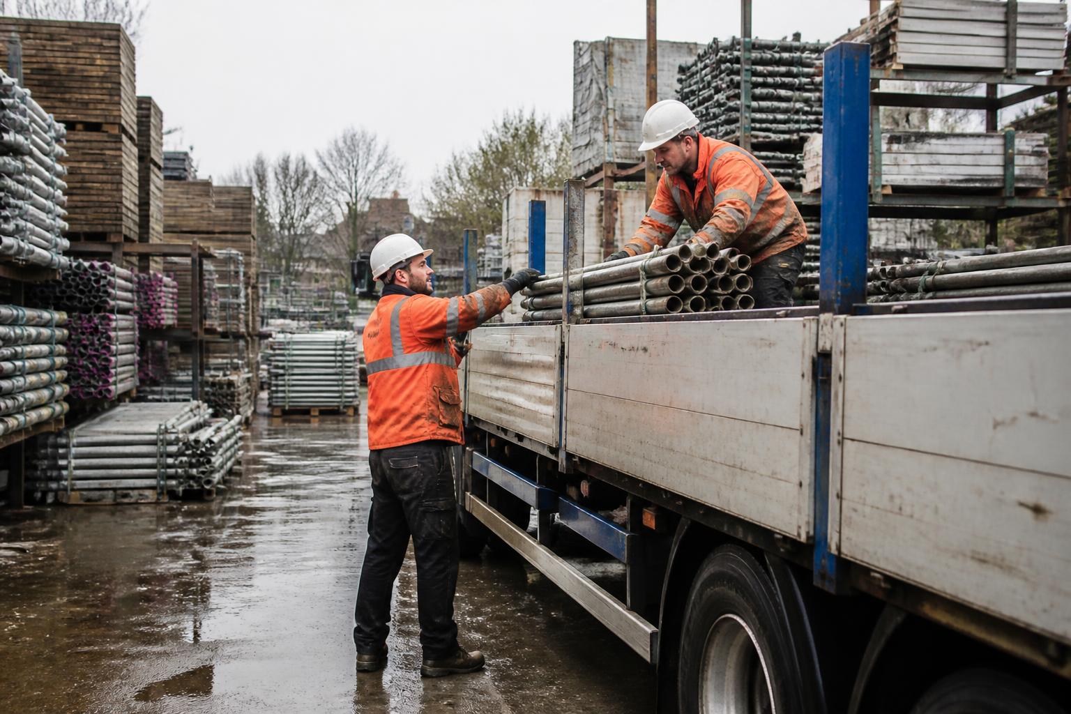 Scaffolding Insurance 2 Scaffold yard in the UK with stacked boards, racked tube and a flatbed wagon being loaded by two scaffolders