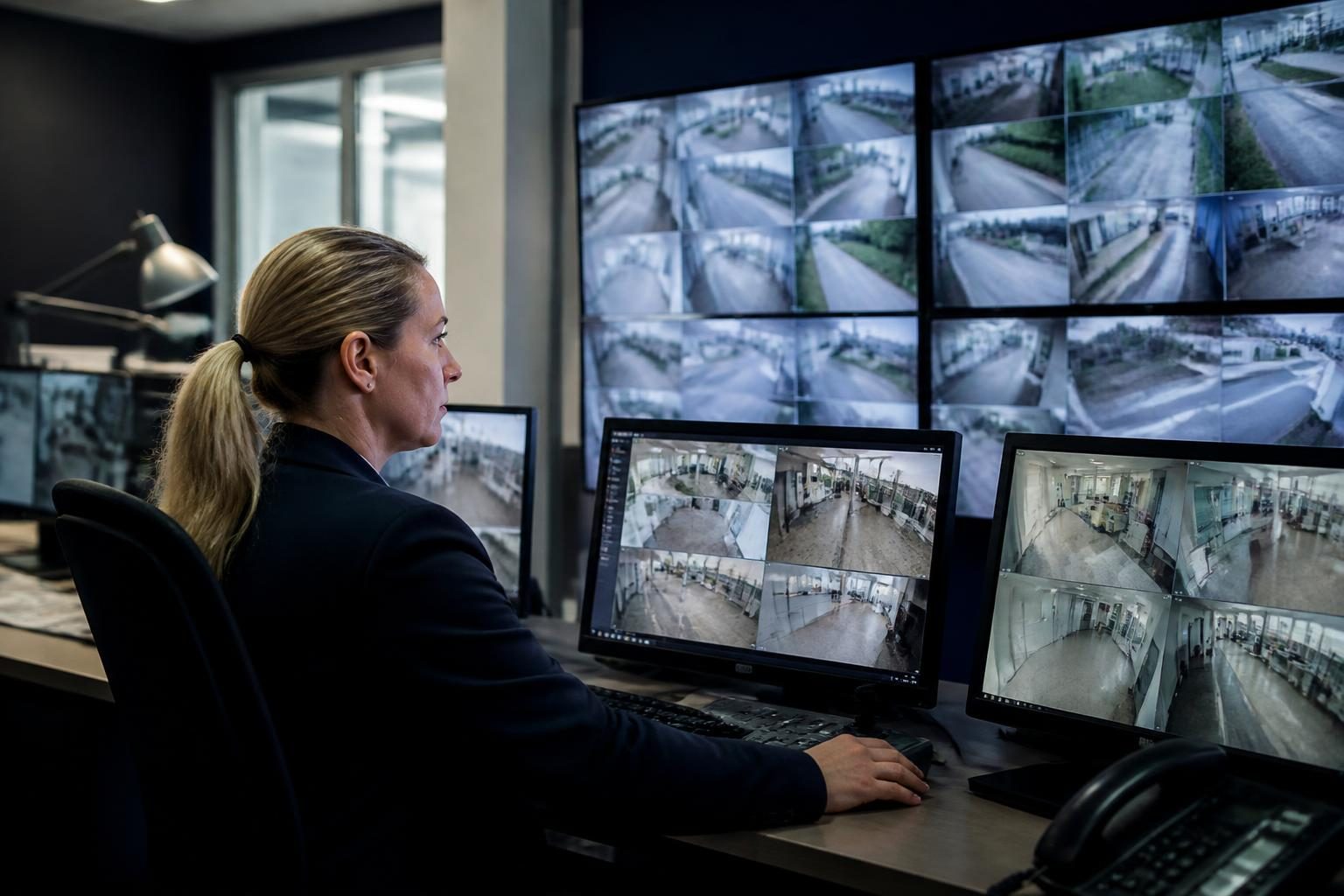 A security control room with CCTV monitors and an operator