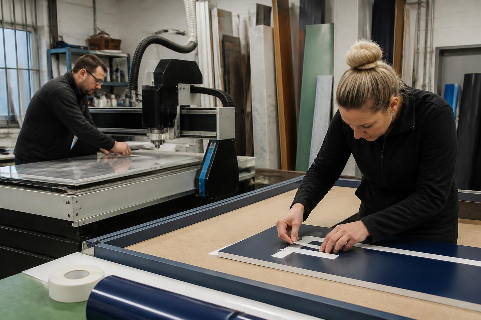 Sign Makers Insurance 2 Sign workshop where a technician feeds acrylic sheet into a CNC router while a colleague applies vinyl lettering to an aluminium panel