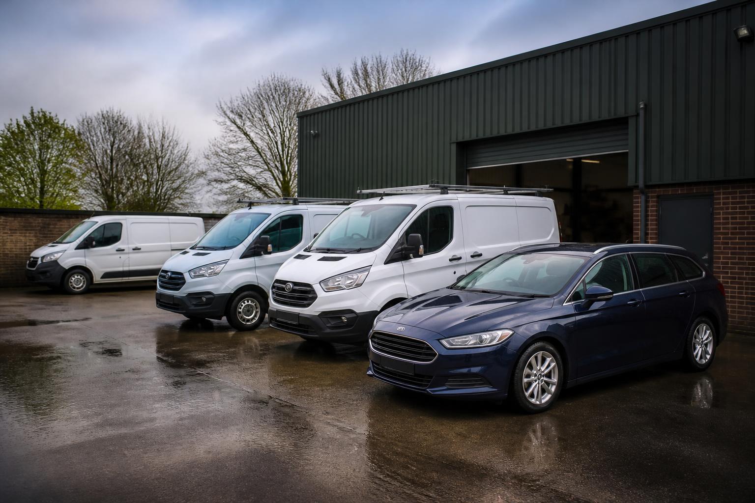 Small UK business yard with a few liveried vans and a company estate car parked outside a workshop