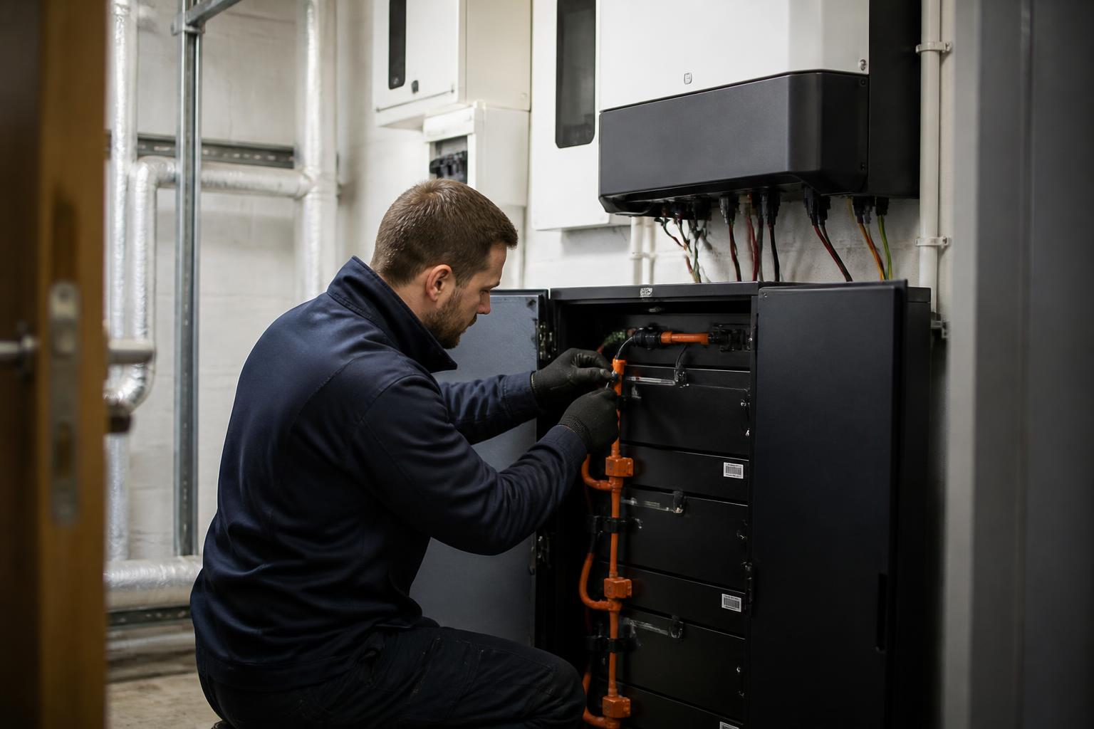 Installer wiring a battery storage unit and inverter in the plant room of a UK office building